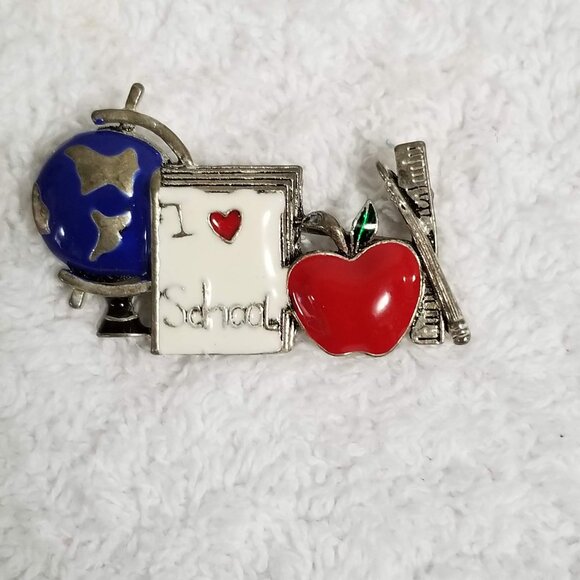 Vintage "I ❤️ School" Teacher Brooch Pin Apple Globe Books & Ruler - Picture 1 of 5